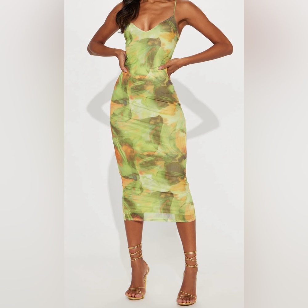 Fashion Nova Abstract Green Midi Skirt